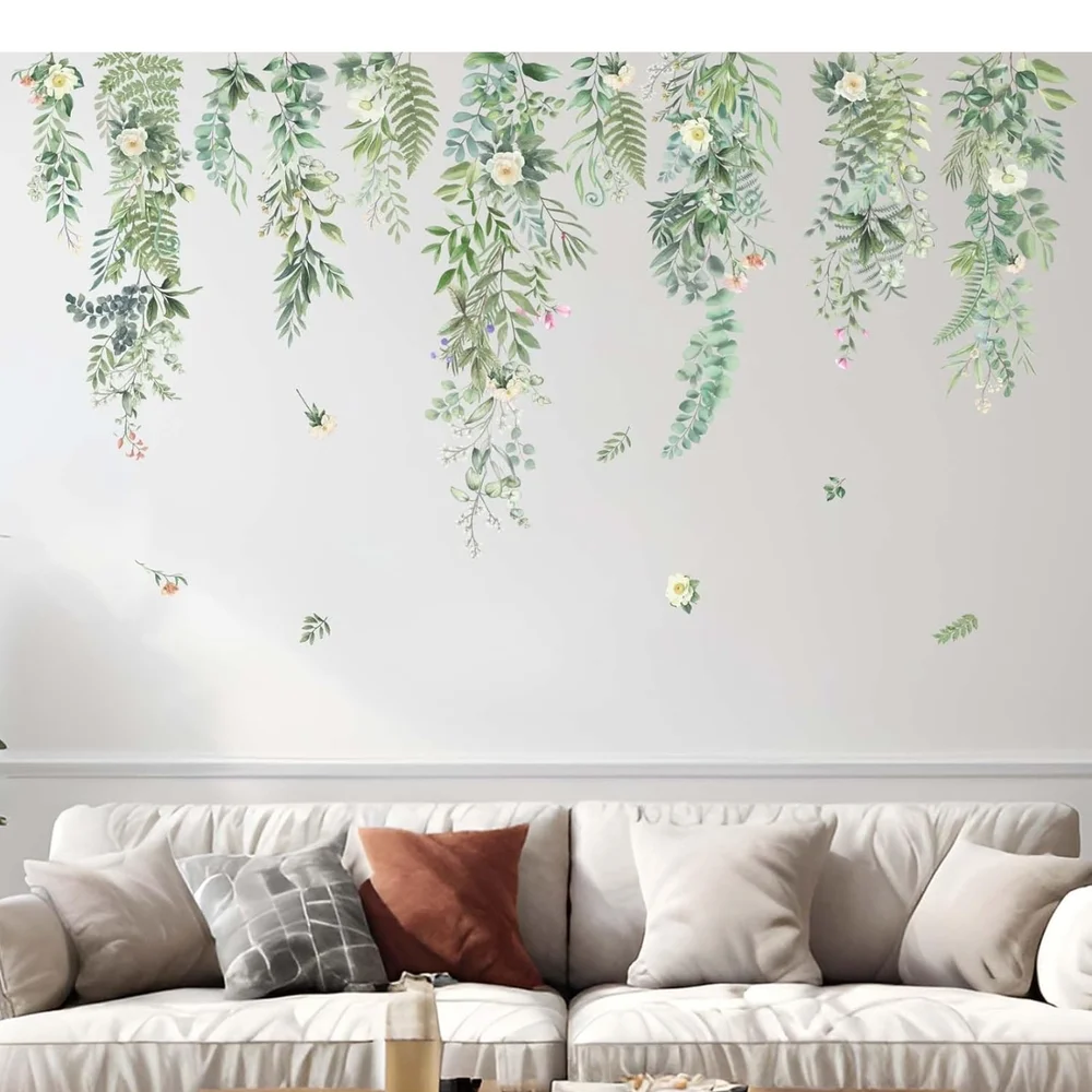Large Green Hanging Vine Wall Stickers - Nature Plants Flower Leaves Wall Decals